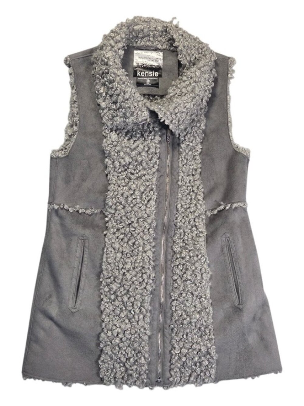 Kensie Women Gray Faux Shearling Fur Suede Vest Zip Up Winter Outerwear M